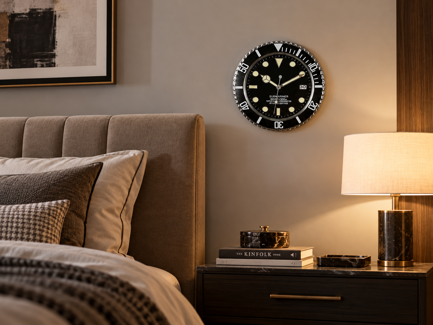 Submariner Clock 13.2" black wall clock displayed in a warm modern bedroom interior