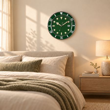 13.2 inch green wall clock styled above a modern cream bedroom with warm ambient lighting