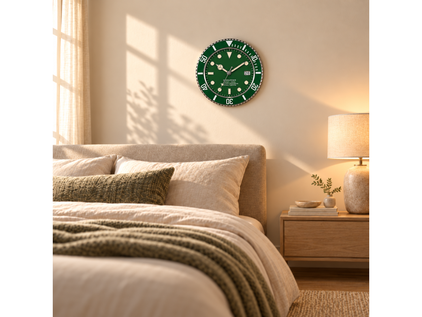 13.2 inch green wall clock styled above a modern cream bedroom with warm ambient lighting