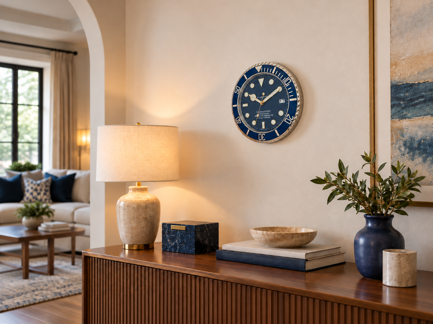 Deepsea Clock 13.2 inch blue diver-inspired wall clock displayed in a modern interior by IM Hardware Pakistan