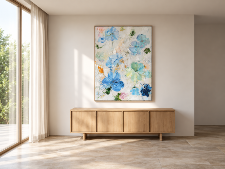 Large 35.4 by 47.2 inch blue floral abstract wall art with aqua, white and green flowers displayed above a wooden console.