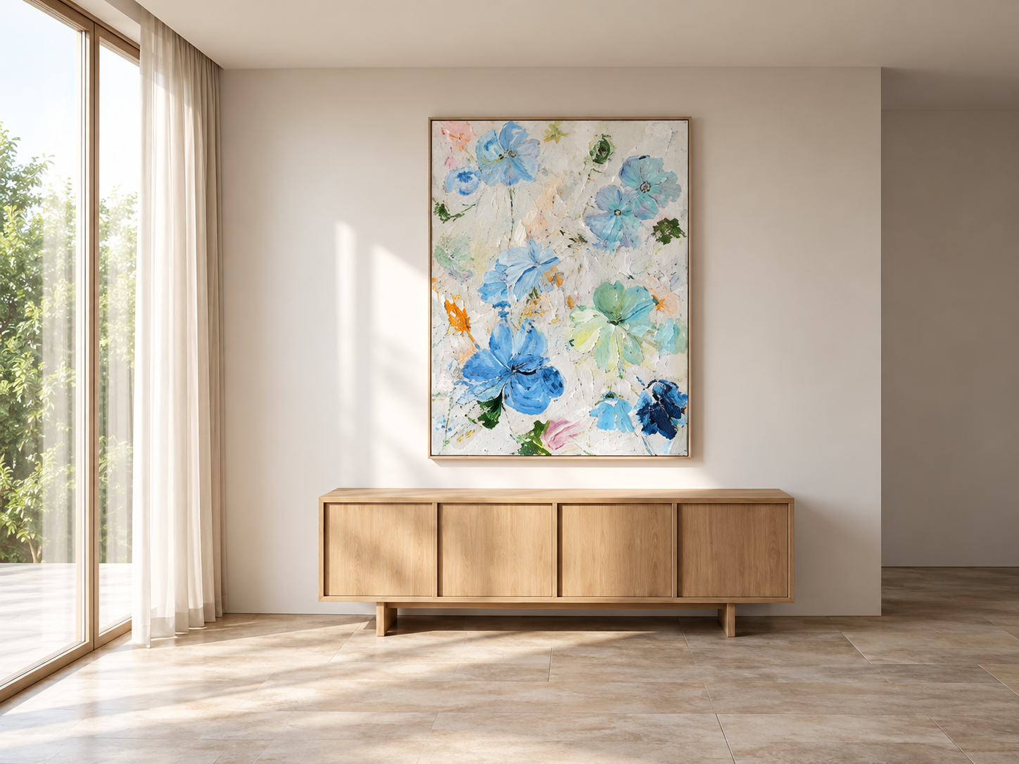 Large 35.4 by 47.2 inch blue floral abstract wall art with aqua, white and green flowers displayed above a wooden console.