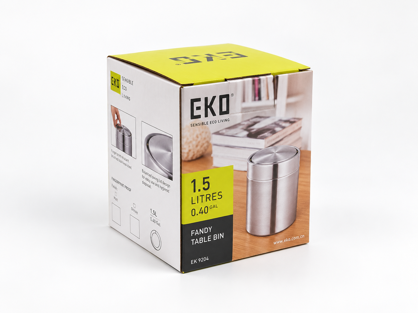 EKO Fandy Table Bin – Original Product Packaging Original EKO Fandy Table Bin EK9204 retail packaging showing the 1.5-litre capacity and product design.