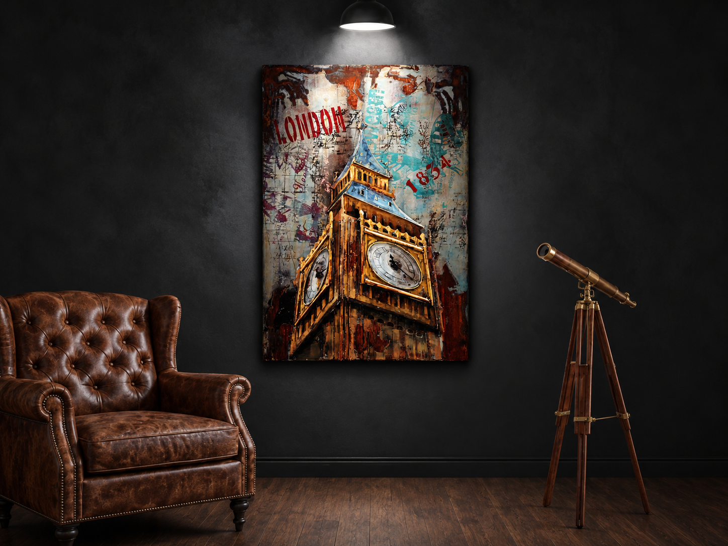 Big Ben London metal wall art 32 x 47 inches featuring gold, blue and vintage artistic detailing for modern interior wall decor.