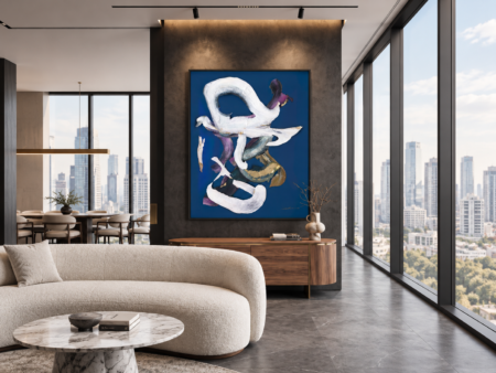 Abstract blue wall art with white, purple, grey and gold brushstrokes displayed in a modern living room.