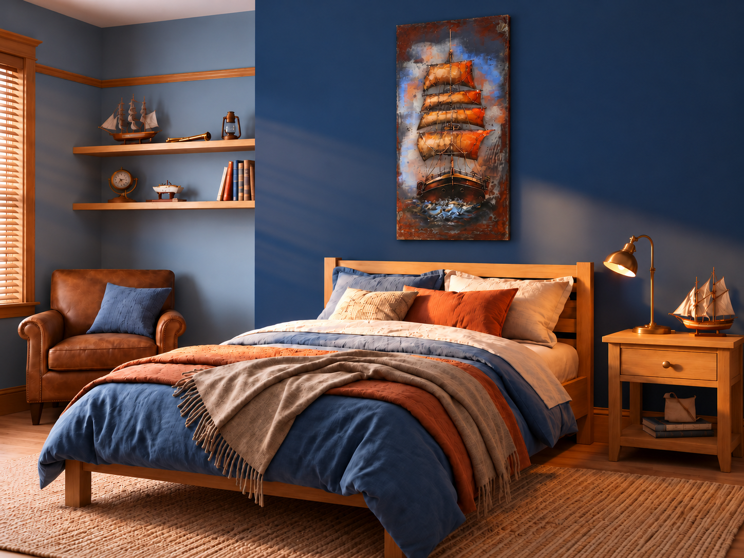 Vertical sailing ship wall decor measuring 27.56 by 47.24 inches displayed above a bed in a blue modern bedroom interior.