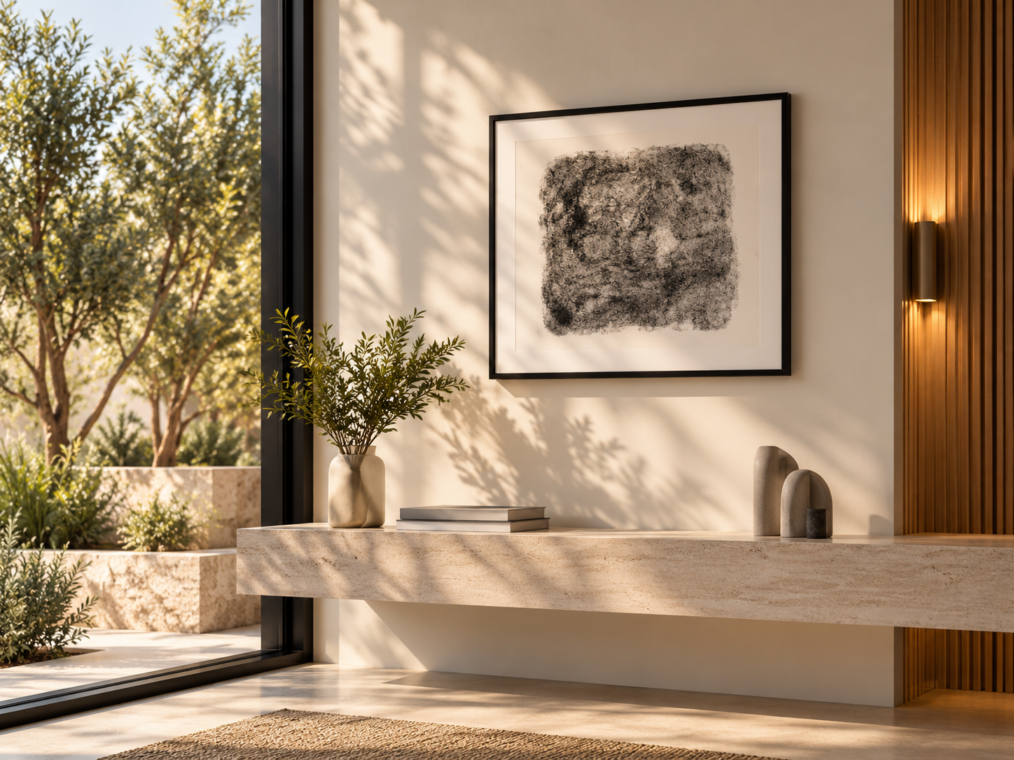 Sunlit Minimalist Stone Console Vignette